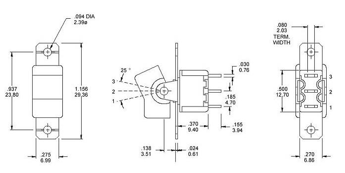 RS8-102R1三脚两档 焊脚钮子开关