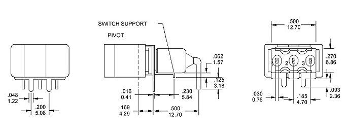 RS8-102R3 三脚两档 90度弯脚 卧式钮子开关