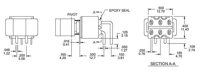 RS8-202R3 六脚两档 90度弯脚 卧式钮子开关