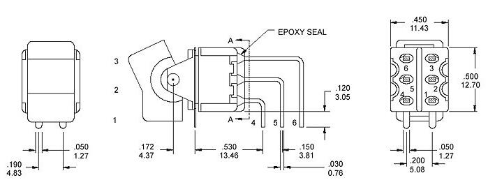 RS8-202R4六脚两档90度弯脚卧式钮子开关