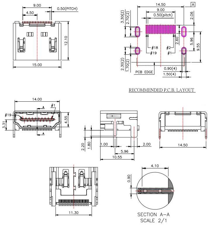 HDMI JACK SERIES/HDMI A TYPE SMT 无耳无柱/HDMI-A-1规格图