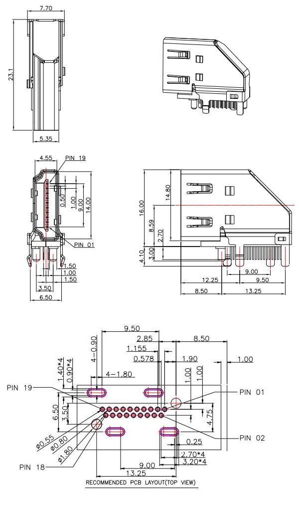 HDMI-A-10,HDMI A/F 側插/側插HDMI母座,臥式側插HDMI插座19P規格圖