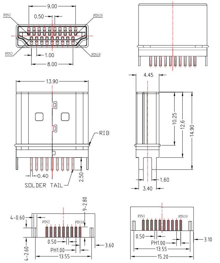 HDMI-A-11/HDMI Plug ,HDMI母頭夾板, HDMI公頭夾板,板厚:1.6mm規格圖