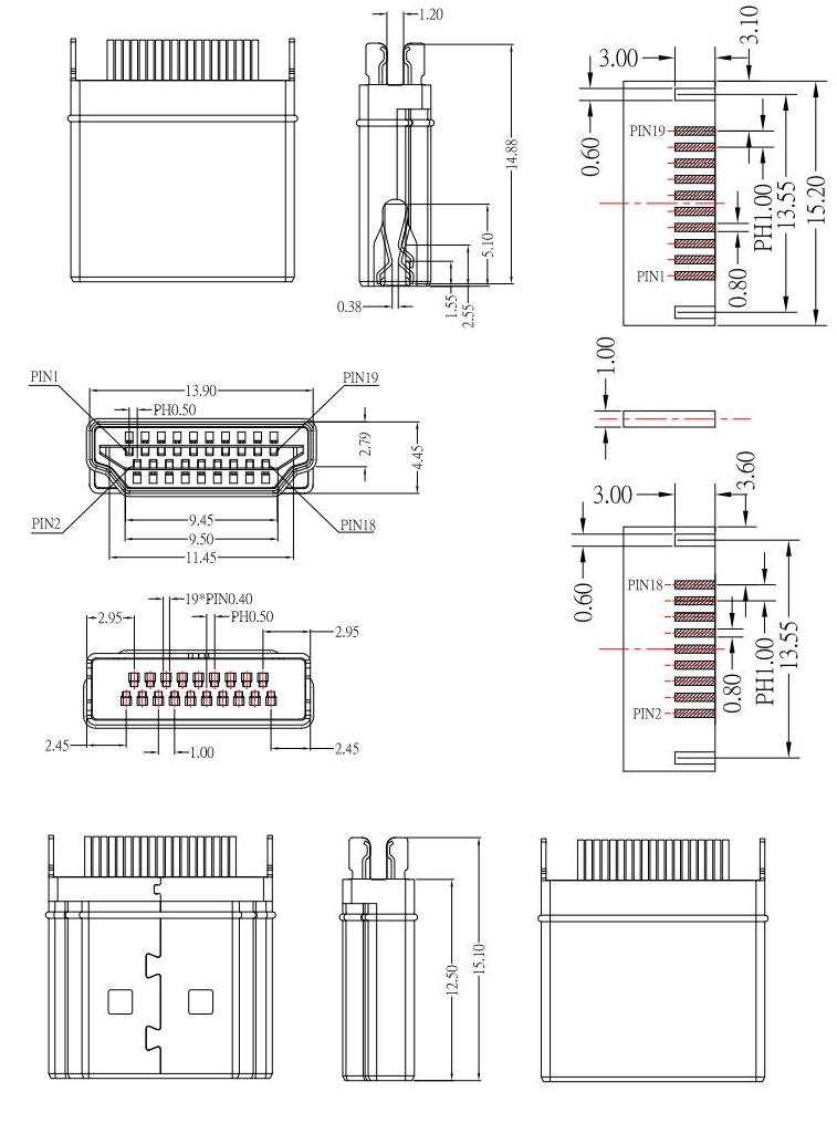 HDMI plug ,HDMI公头夹板,板厚H:1.2mm,HDMI插头夹板,板厚H:1.2mm,HDMI-A-12规格图