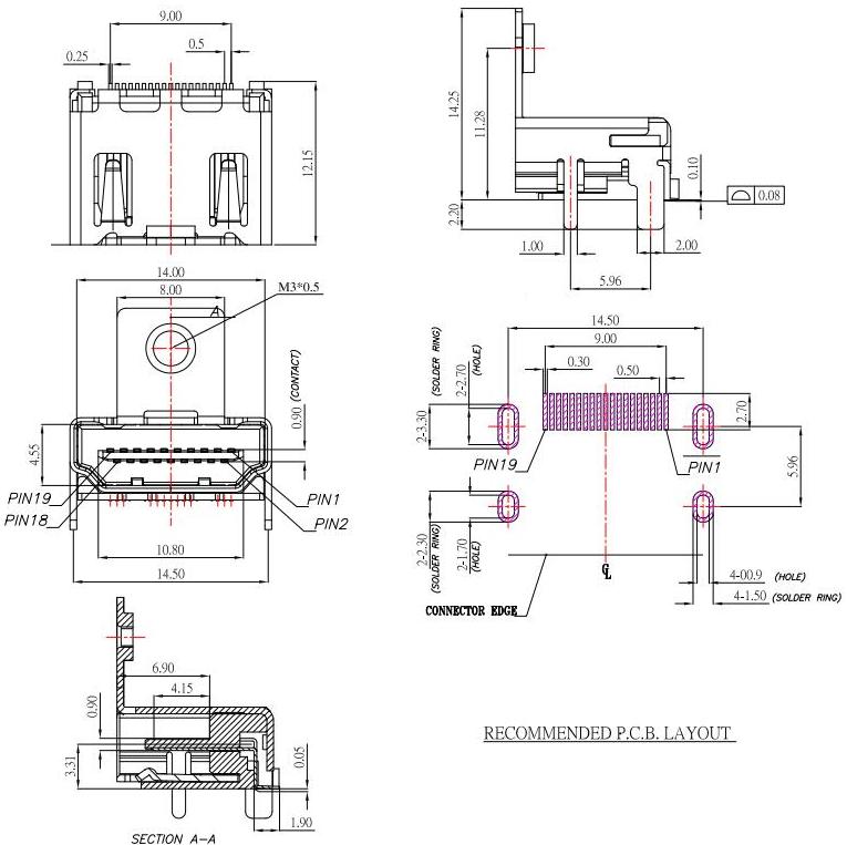 19脚HDMI接口,带耳HDMI插座,SMT 无柱 孔高 H:11.28mm/HDMI-A-4规格图