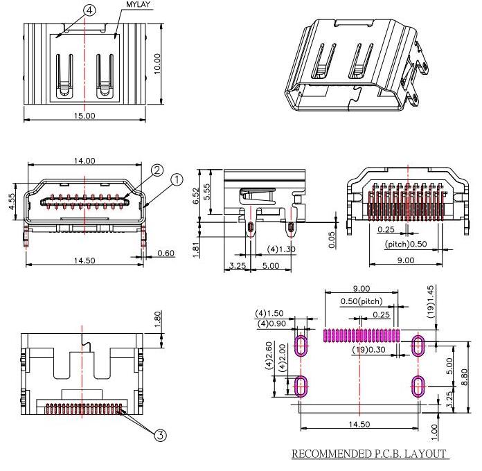 HDMI A TYPE SMT，HDMI插口19P 无耳无柱/19脚HDMI插孔 HDMI-A-5规格书