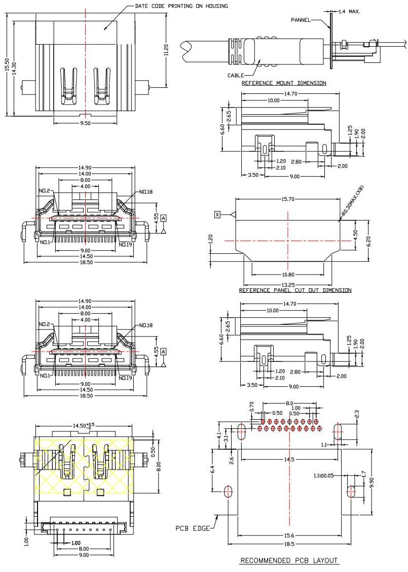 hdmi jack 反向,DIP 沉板/19脚HDMI 插座 HDMI-A-6规格图