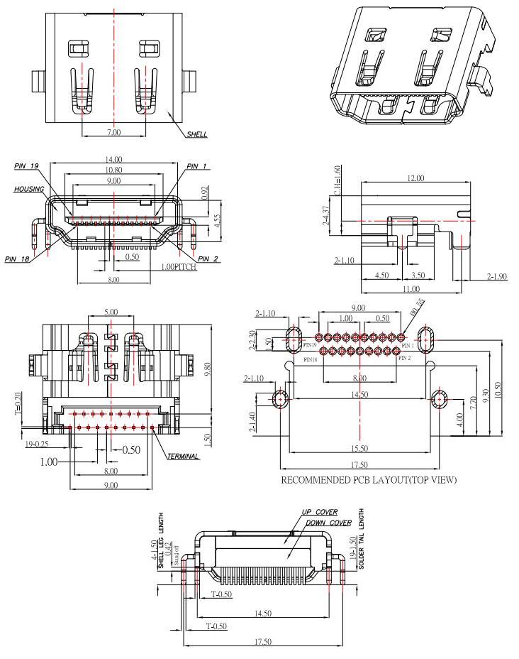 HDMI-A-8,HDMI 19P JACK DIP ,HDMI母座沉板,板上高H:4.37mm规格图