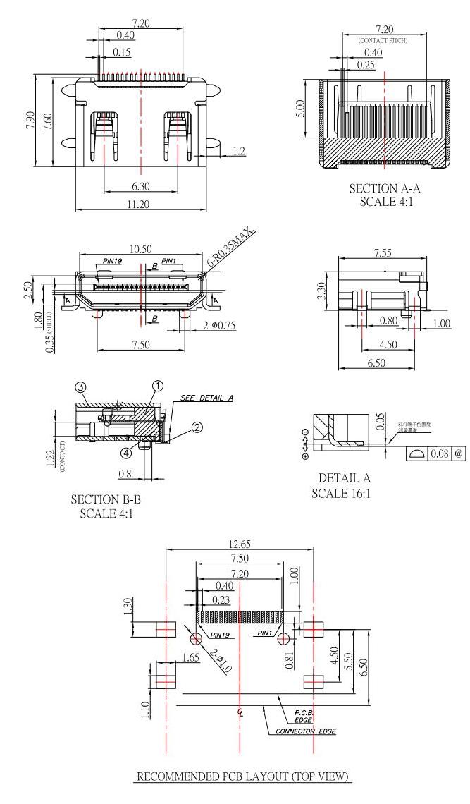 HDMI C TYPE,全贴HDMI母座有柱,迷你HDMI插座带固定柱,HDMI-C-1规格书