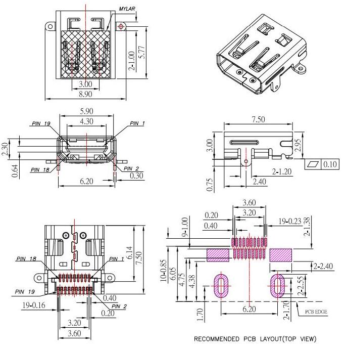 HDMI D TYPE,双排贴片SMT,HDMI母座前插后贴,HDMI高清插座 HDMI-D-3规格图