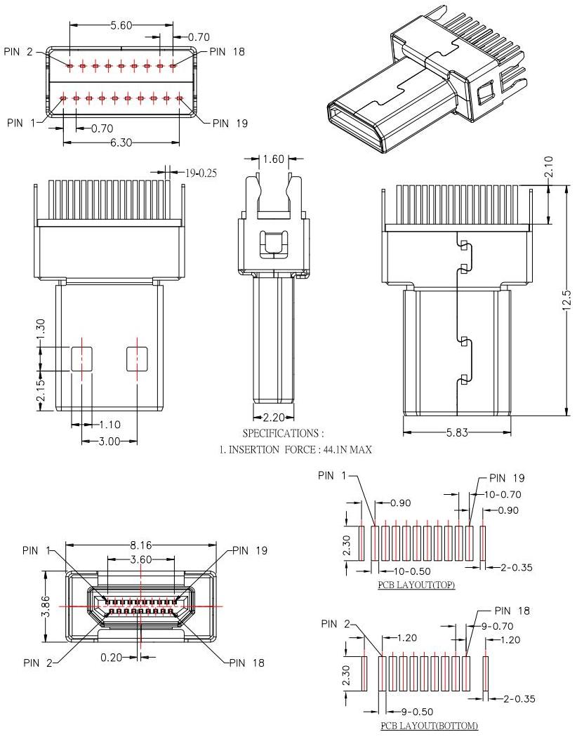 HDMI-D-6 D TYPE 公头夹板,板厚1.6mm,HDMI JACK SERIES规格图