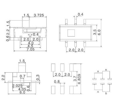 六脚小拨动开关尺寸图