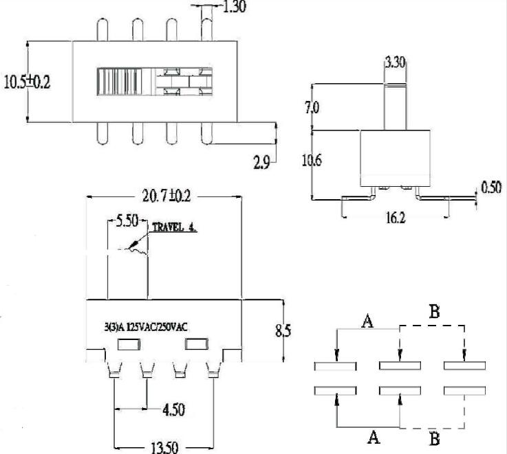 SS-22H25-T拨动开关尺寸图