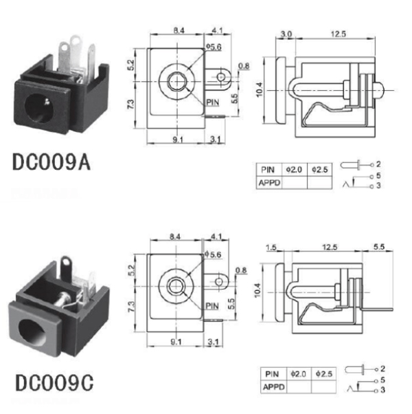 DC插座的各种规格和尺寸焊接图