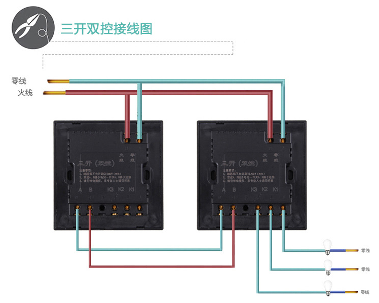 双控接线图三开单控接线图安装接线指南:四联开孔尺寸282mm*56mm;三联
