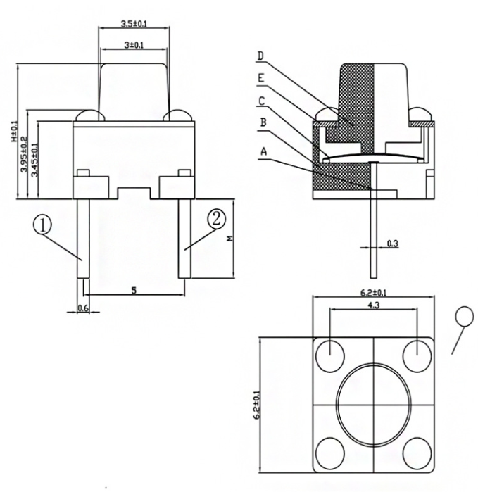 6*6*5两脚轻触开关尺寸图