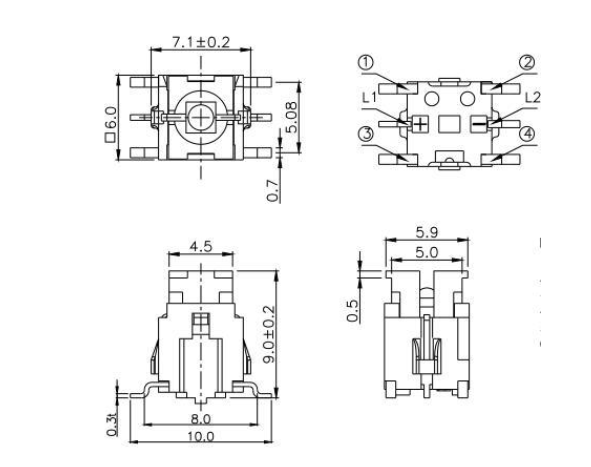 TS-036A六脚带灯轻触开关规格图