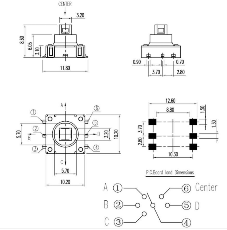五向开关尺寸规格图