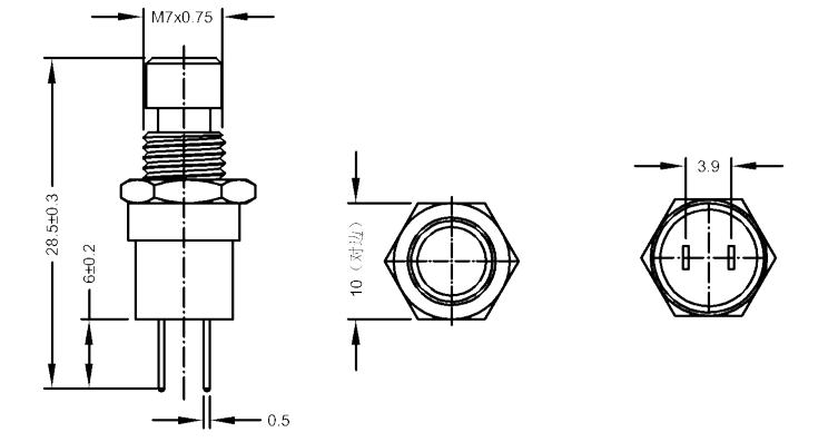 Φ7mm高平圓形金屬按钮開關尺寸圖