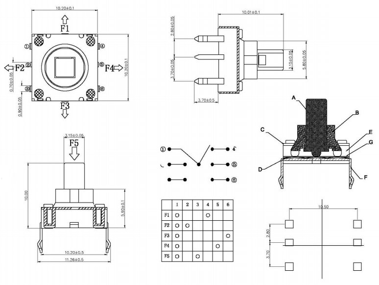 10*10*10五向开关尺寸图