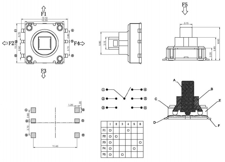 10*10*8.6贴片五向开关尺寸图