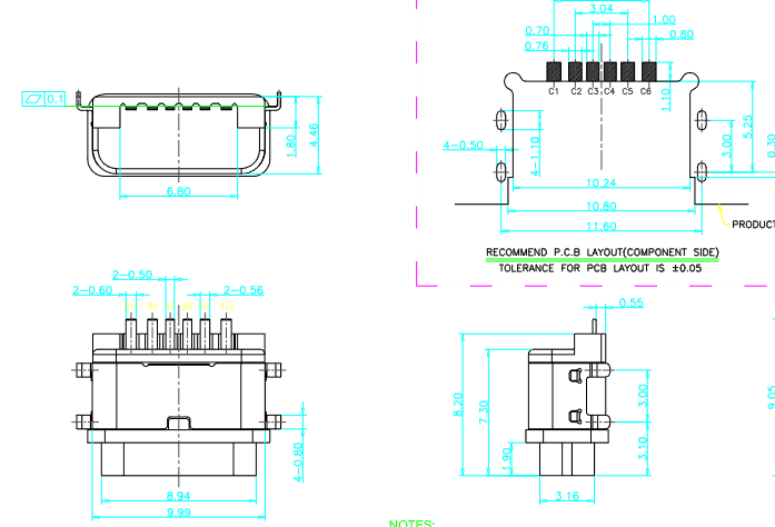 P-TCF-005 TYPE C 6P 沉板防水母座（外壳4脚插板）图纸