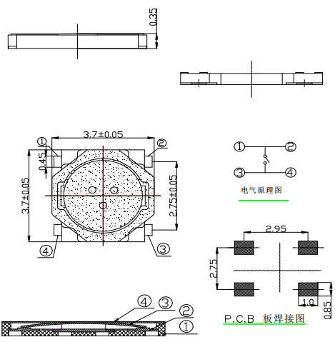 3.7*3.7 Tact Switch轻触开关规格书